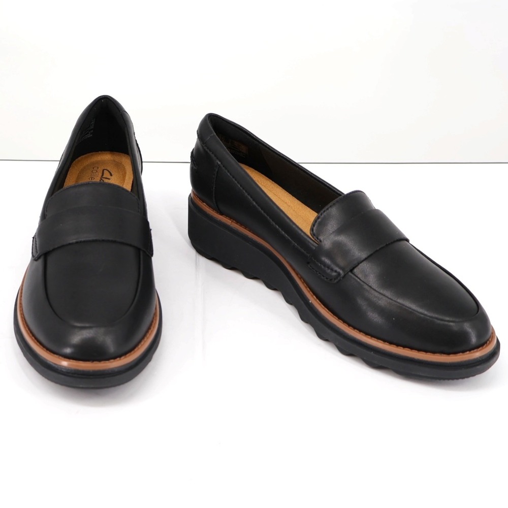 Clarks Sharon Gracie Black Leather Wedge Penny Loafer Almond Toe Lug Sole NIB 6M